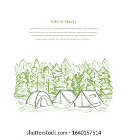 Nature hand drawn banner vector template with tents, mountains, pine forest and space for your text. Sketch design in green color for web banners, flyer, invitation, poster. Touristic camp.
