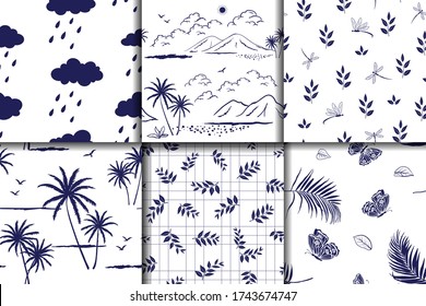 Nature hand drawn collection on monotone blue seamless pattern for decorative,fabric,textile,print or wallpaper,vector illustration