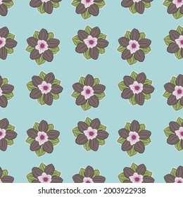 Nature hand drawn seamless pattern with beige anemone buds flower ornament. Bright blue background. Stock illustration. Vector design for textile, fabric, giftwrap, wallpapers.