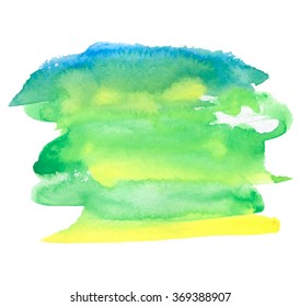 Nature hand drawn strokes artistic design element for wallpaper, banner, print, cover, decoration. Green yellow blue watercolor wet brush paint striped paper texture isolated stain on white background