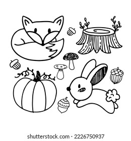 Nature hand drawn vector sketch. Collection of forest plants and animals. Mushroom, grass, hazelnuts, berries, fox, rabbit, pumpkin