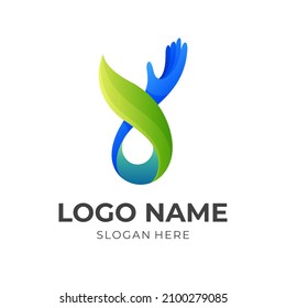 logotipo de la mano natural, de la mano y de la hoja, diseño de logotipo combinado con un estilo 3d colorido
