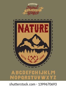 Nature. Hand made badge in flat style. Hand made typeface. Serif font. Vintage badge.