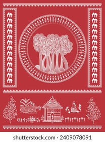 Naturharmonie: Warlisches Gemälde mit Baum, echtem Leben und Dschungellandschaft. Warli Malerei, ländliche Lebenskunst, Dschungellandschaftsillustration, Traditionelle indische Volkskunst, Wanddekoration mit natürlichen Farben.