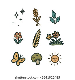Nature and Harvest Icon Set – Vector Symbols of Flower, Wheat, Butterfly, and Sun. Simple vector illustration.