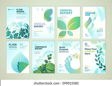 Nature And Healthcare Brochure Cover Design And Flyer Layout Templates Collection. Vector Illustrations For Marketing Material, Ads And Magazine, Product Presentation Templates.