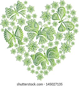 Nature heart flowers butterflies pattern green vector illustration