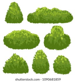 Nature hedge, garden green bushes. Cartoon shrub and bush vector set isolated on white background. Landscape plant environment, spring shrubbery for park illustration