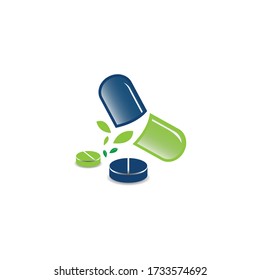 Nature herbal medicine logo design illustration vector. Vector illustration of herbal medicine with capsule of leafs and pills, nature medicine for healthy