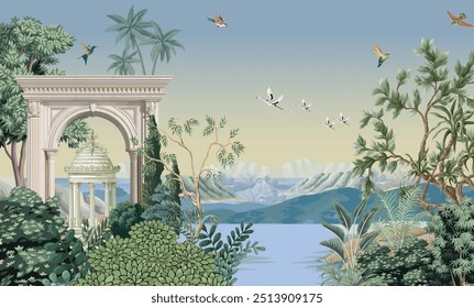 Nature high-quality wall murals, Garden Illustration, Beautiful Background for Home Decor, Birds.