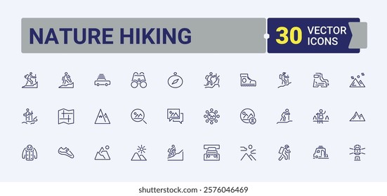 Nature Hiking icon set. Related to hiking, walk, fire, camping, leisure, forest and more. Minimalistic icon. Vector illustration.