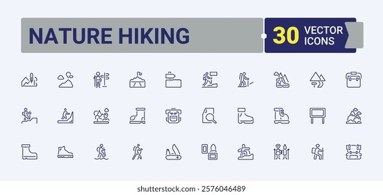 Nature Hiking icon set. Related to hiking, walk, fire, camping, leisure, forest and more. Minimalistic icon. Vector illustration.