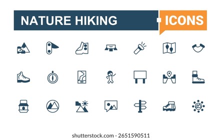 Nature Hiking line icon set. Contains outline symbols like camp, vacation, tourism, mountain, tour, campfire and more. Hiking icon set. Vector icons collection. Editable stroke vector art.