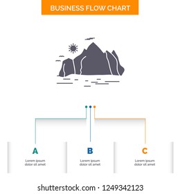 Nature, hill, landscape, mountain, scene Business Flow Chart Design with 3 Steps. Glyph Icon For Presentation Background Template Place for text.