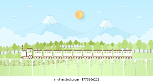 Colina de la naturaleza, montaña, árboles con sol y cielo azul, transporte, tren, estilo de arte de papel