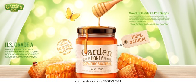 Nature honey banner ads with honeycomb and liquid dripping down from top on glitter green background in 3d illustration