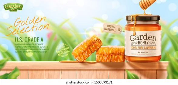 Nature honey banner ads with honeycomb on wooden fence and bokeh grass background in 3d illustration