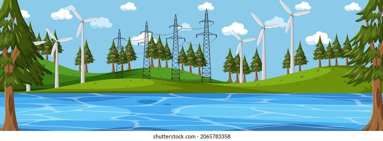 Nature horizontal scene at day time with many wind turbines illustration