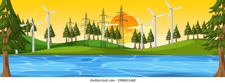 Nature horizontal scene at sunset with many wind turbines illustration