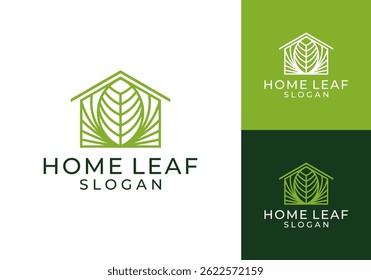 nature house logo design line art style with leaf house concept, eco friendly house logo