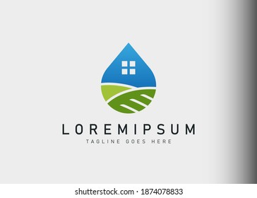 Nature house logo design. Vector illustration of Grassfield house droplets. Modern logo design with flat icon style.