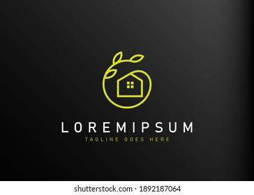 Nature house logo design. Vector illustration of house with plant twig. Modern design line icon template