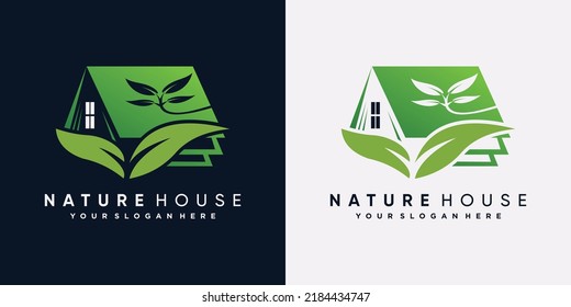 Nature house logo design vector illustration with leaf element and green color