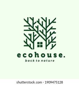 Logo-Vektorgrafik-Design des Naturhauses. Design-Inspiration für das Design des Öko-grünen Hauses oder des Baumhauses. Einfaches Illustrationsdesign für das moderne Kreativhaus-Logo. Konzept des Logos für kreative Immobilien