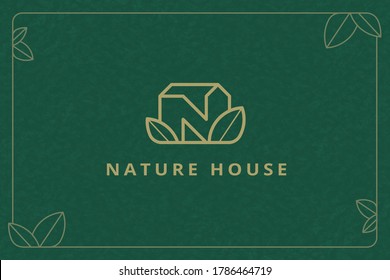 Nature House Thin Line Style Logo Design In Bronze Color On Green Background