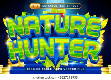 efeito de texto 3d do nature hunter e efeito de texto editável com a ilustração nature e gold