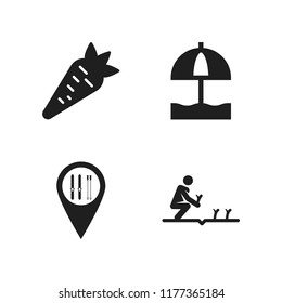nature icon. 4 nature vector icons set. carrot, sun umbrella and farmer icons for web and design about nature theme