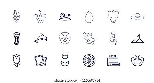 Nature icon. collection of 18 nature outline icons such as butterfly, milk glass, rose, lemon, photo, flower, home on island. editable nature icons for web and mobile.