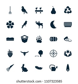 Nature icon. collection of 25 nature filled icons such as barn, animal paw, dove, bull skull, flower, tree and bench, cucumber. editable nature icons for web and mobile.