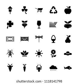 Nature icon. collection of 25 nature filled icons such as field, fish, beet, goat, cocktail, flower, fence, nesting house, carrot. editable nature icons for web and mobile.