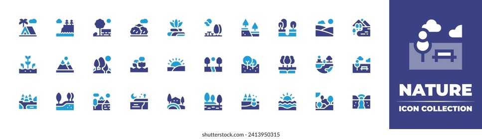 Nature icon collection. Duotone color. Vector and transparent illustration. Containing park, rest area, hills, landscape, nature, environment, camping tent, bush, fault, lake, sprout, farming, trees.