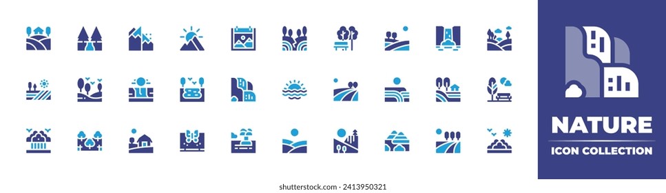Nature icon collection. Duotone color. Vector and transparent illustration. Containing house, mountains, park, landscape, field, lake, nature, forest, waterfall, fields, trees, island, mountain, lands
