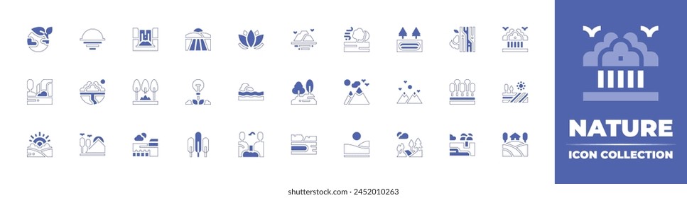 Nature icon collection. Duotone style line stroke and bold. Vector illustration. Containing sunrise, lotus, valley, house, earth, dead sea, lanscape, field, tree, natural gum, nature, waterfall.