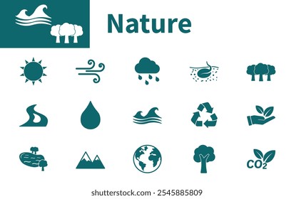 Ícone Natureza. Coleção de ícones vetoriais sólidos sobre o tema de ecossistema, floresta, água, sol, lago, montanha, mar, vento.