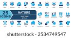 nature icon collection.blue duo tone style.contains wheat,reed,turtle,animal,sea animal,nut,oak,volcano,eruption,wind,leaf,rain,cloud,deep sea fish,fish.