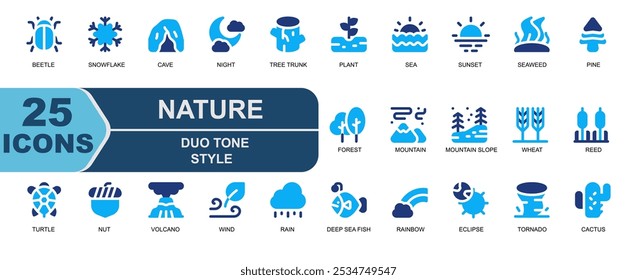 nature icon collection.blue duo tone style.contains wheat,reed,turtle,animal,sea animal,nut,oak,volcano,eruption,wind,leaf,rain,cloud,deep sea fish,fish.