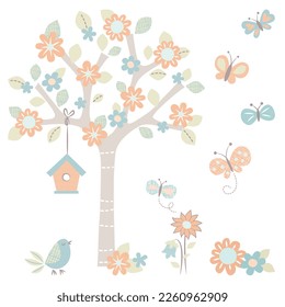 Nature icon illustration with bird and flower drawing design