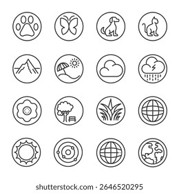 nature icon line circle set. editable stroke. vector illustration ,nature, summer, space universe, flower, dog, cat, animal, paw, clouds,earth