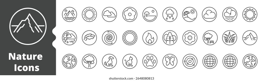 Nature icon line circle set. editable stroke. vector illustration ,nature, summer, space universe, flower, dog, cat, animal, paw, clouds,earth
