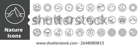 Nature icon line circle set. editable stroke. vector illustration ,nature, summer, space universe, flower, dog, cat, animal, paw, clouds,earth
