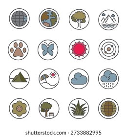 nature icon line color set. editable stroke. circle vector illustration ,nature, summer, sky, flowers, dog, cat, wate, clouds