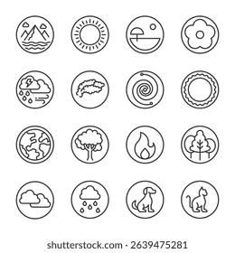 nature icon line set. editable stroke. circle vector illustration ,nature, summer, sky, flowers, dog, cat, wate, clouds