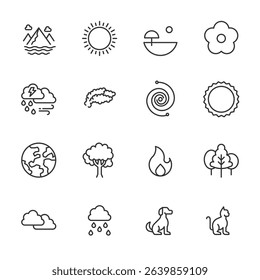 nature icon line set. editable stroke. vector illustration ,nature, summer, sky, flowers, dog, cat, wate, clouds