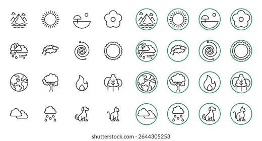 Nature icon line set. editable stroke. vector illustration ,nature, summer, sky, flowers, dog, cat, wate, clouds