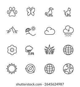 nature icon line set. editable stroke. vector illustration ,nature, summer, space universe, flower, dog, cat, animal, paw, clouds,earth