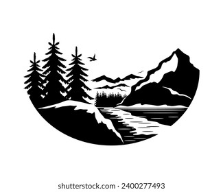 Nature icon with mountains and trees on white background.